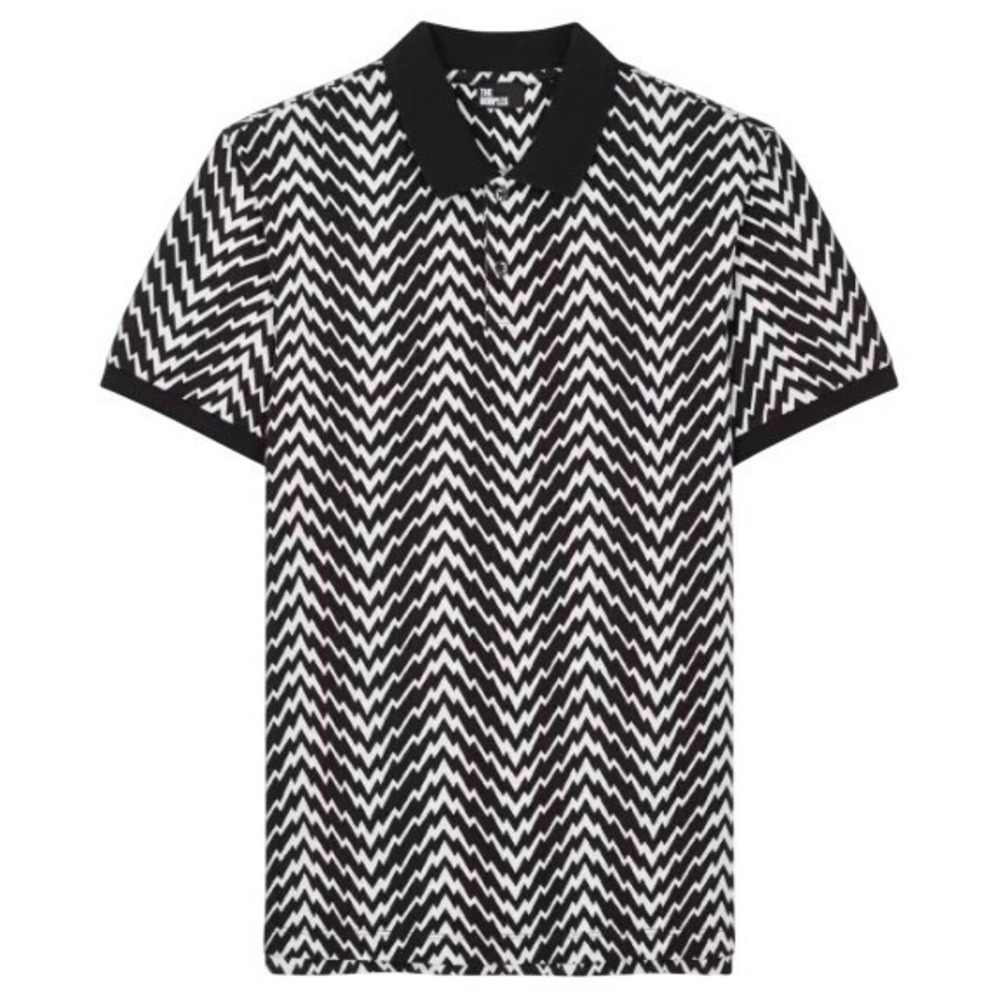 The Kooples Mens Black White Zigzag Chevron Print Short Sleeve Polo Shirt Large